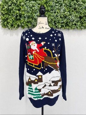 Light Up Christmas Sweater Santa Sleigh Reindeer Navy Blue size Large